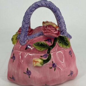Shabby Cottage Core Pink Purse Handbag Cookie Jar with 3D Rose Floral Design